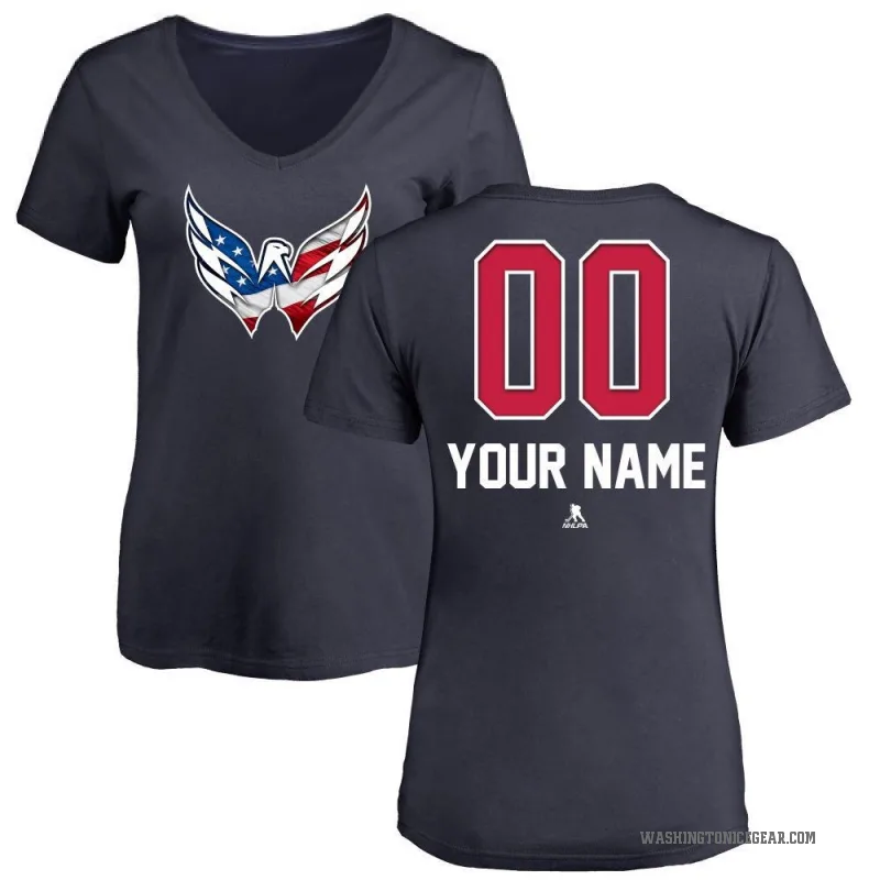 Custom Women's Navy Washington Capitals Name and Number Banner Wave V-Neck T-Shirt -